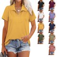 thumbnail image 4 of Blusa Cremallera Cuello en V Abertura lateral Color puro Casual Tops sueltos de manga corta para mujer, 4 of 6