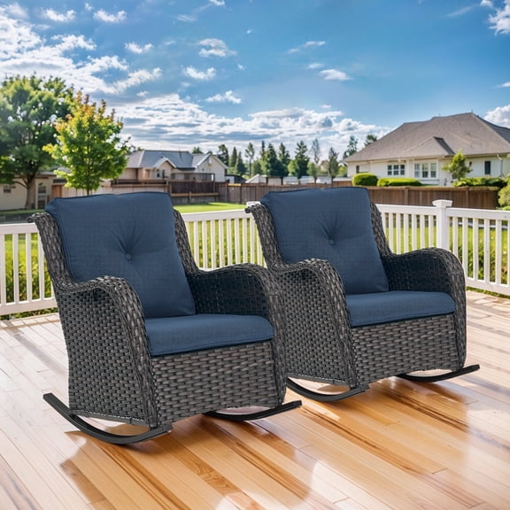 Giantfurnni Wicker Patio Rocking Chairs Set of 2,High Back Rocking Chair with Cushions, Patio Rocker Chair Set for Porch,Blacony,Yard
