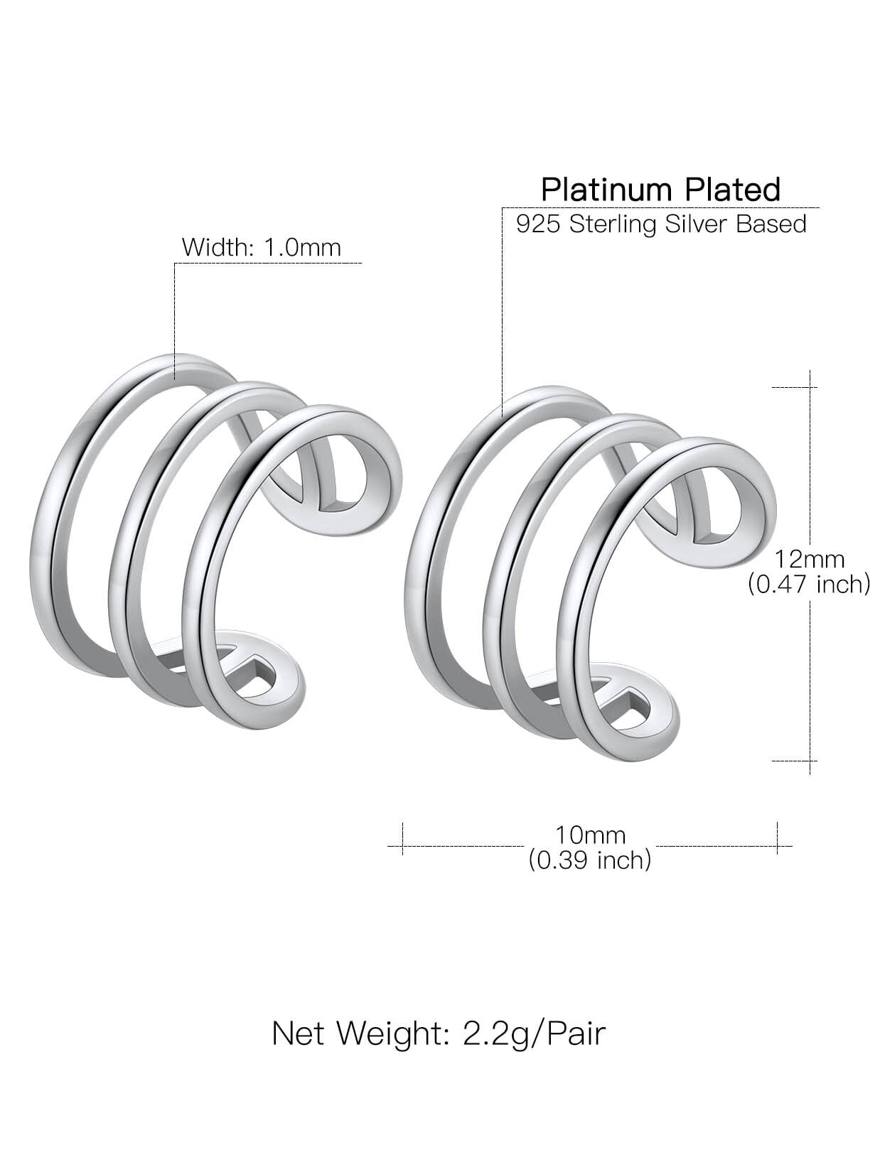 Suplight 925 Sterling Silver White Gold Plated Ear Cuffs Earrings, Three Layer Smooth-Surface Huggie Clip On Cartilage Earrings for Women