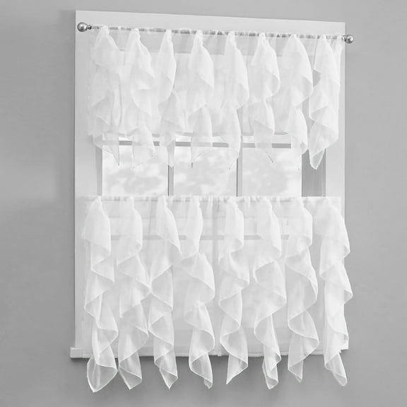 3 Piece Window Curtain Set Waterfall Design One Valance Two Tiers 36 in Long (White)