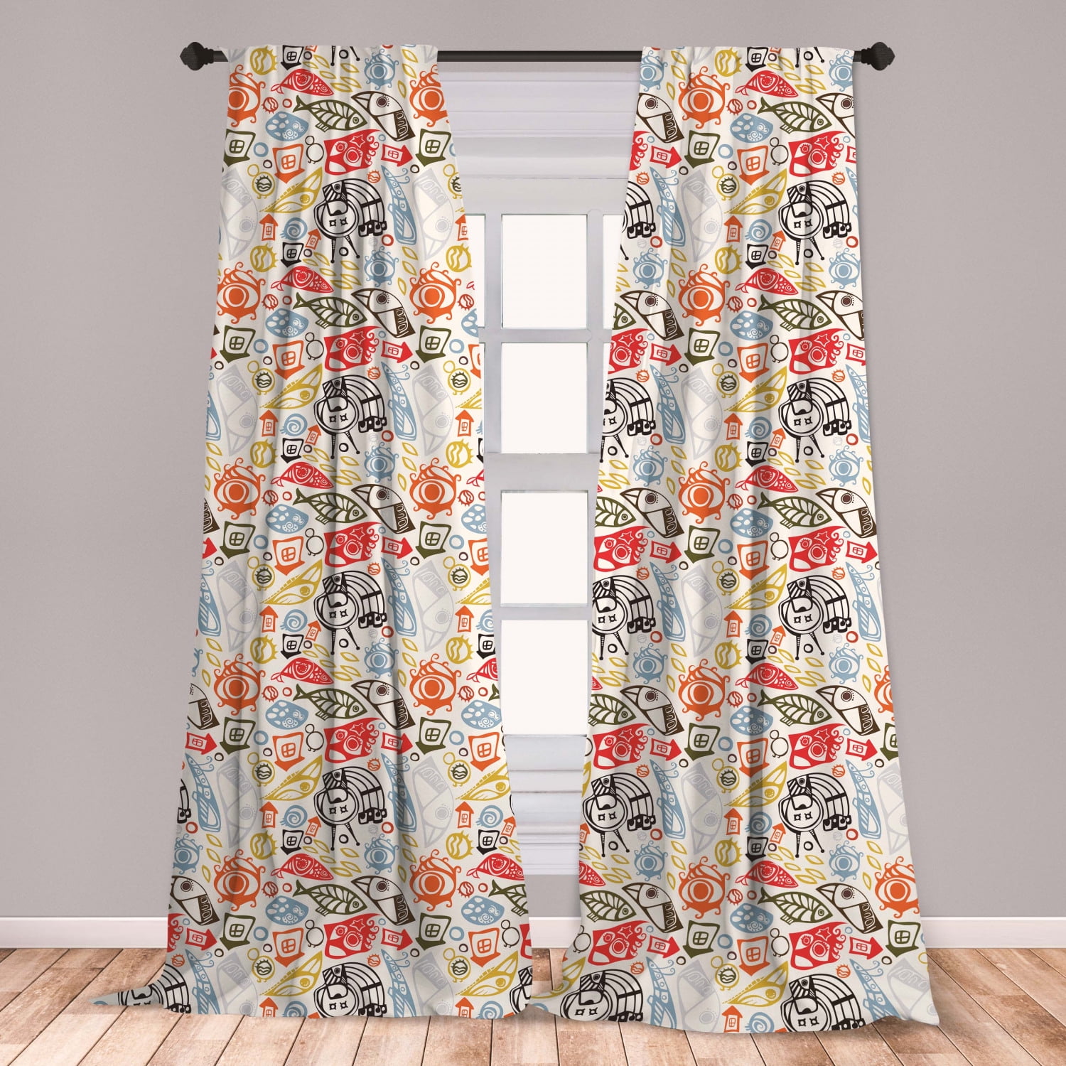 Funky Curtains 2 Panels Set, Abstract Trippy Pattern with Fish and Eye