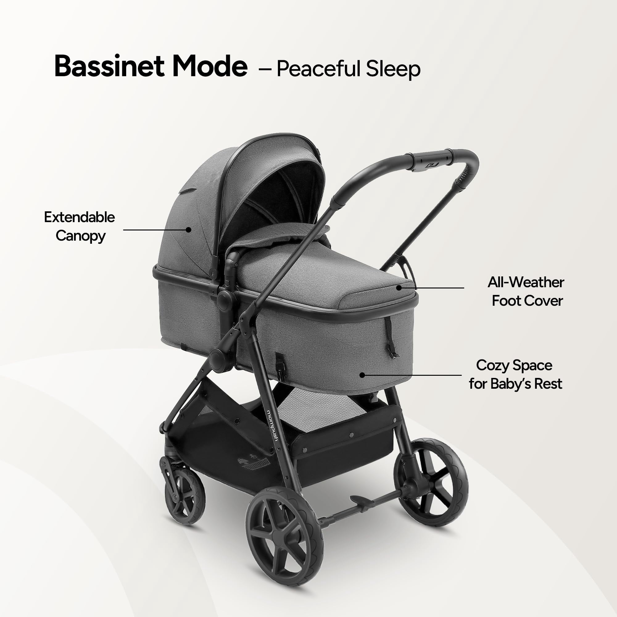 Mompush Wiz 2-in-1 Baby Stroller with Bassinet Mode, Reversible Seat and Large Canopy, Grey, 22.3LB, Unisex