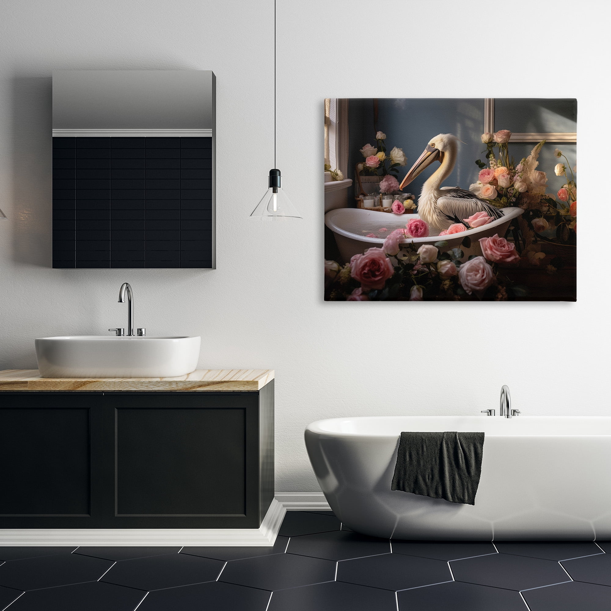 Stupell Industries Pelican in Rose Filled Tub Animals & Insects Painting Gallery Wrapped Canvas Art Print Wall Art, 48 x 36