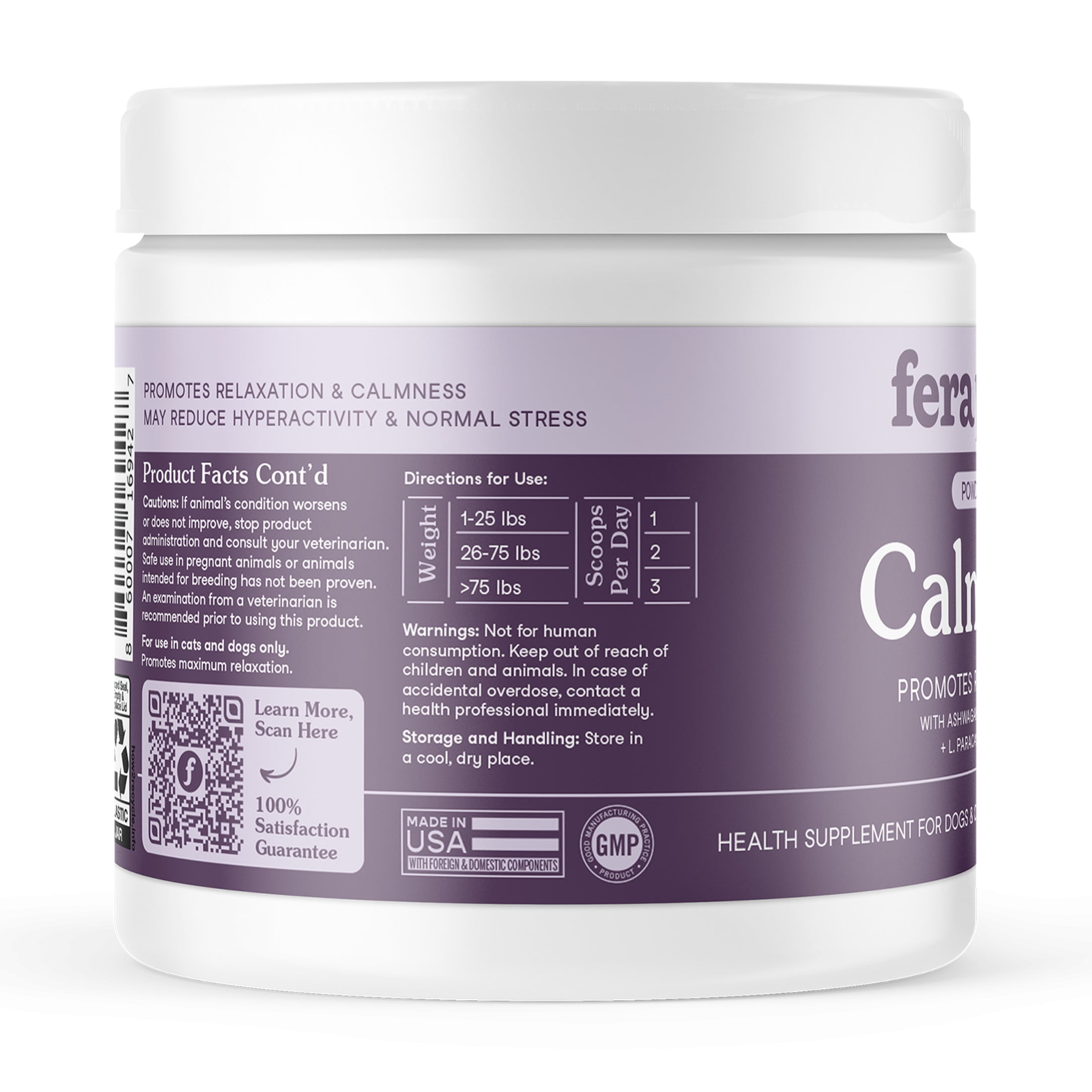Fera Pets Cat & Dog Calming Powder - With Ashwagandha & L-Theanine - Promotes Stress Relief - 60 Scoops