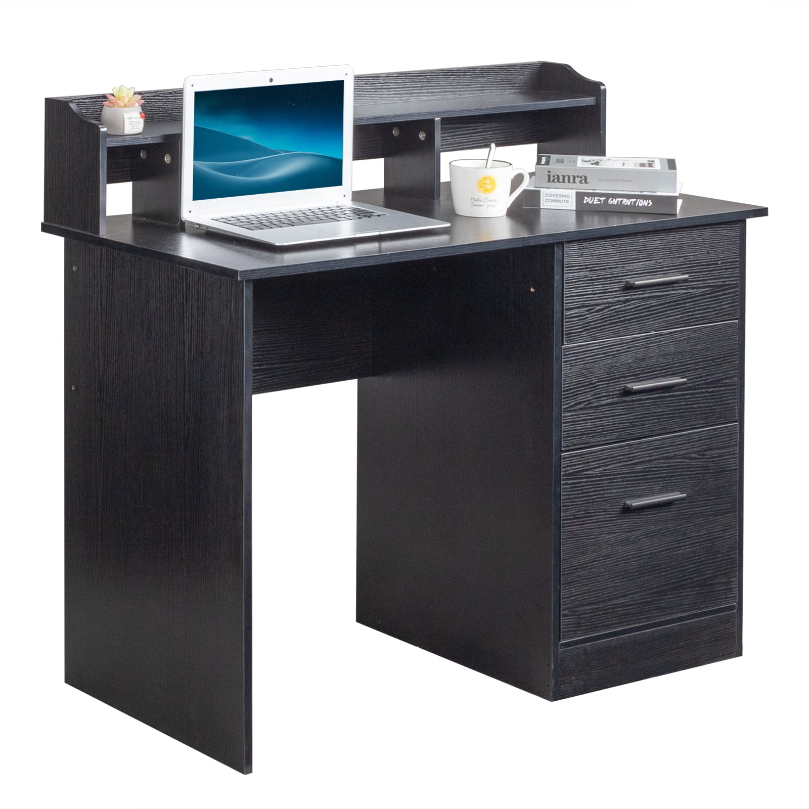 Computer Desk, Particleboard Paste Triamine Desktop Storage Layer Three Drawers Black Wood Grain, 110*50*95cm