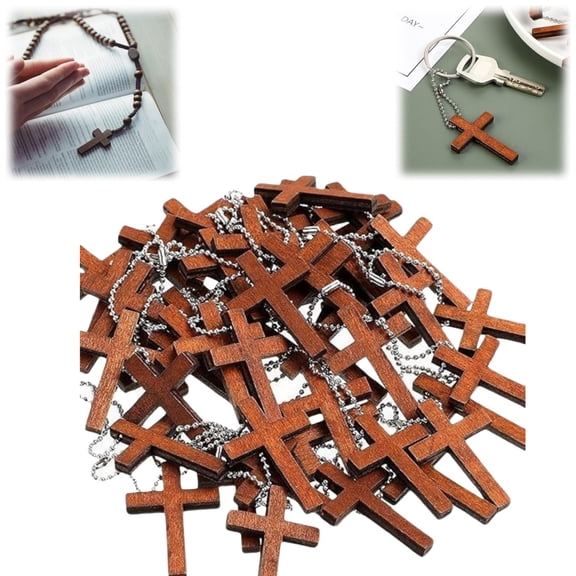 50pcs Wooden Pocket Cross Charm with Chains,Mini Wood Cross Stress Relief Hanging, Christian Gifts for Keychains, Church Prayer, Easter Egg Fillers & Handmade Decor