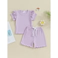 thumbnail image 3 of Baby Girls 2 Piece Outfit Solid Color Ribbed Ruffle Short Sleeve T-Shirt and Elastic Shorts Set Summer Clothes, 3 of 10