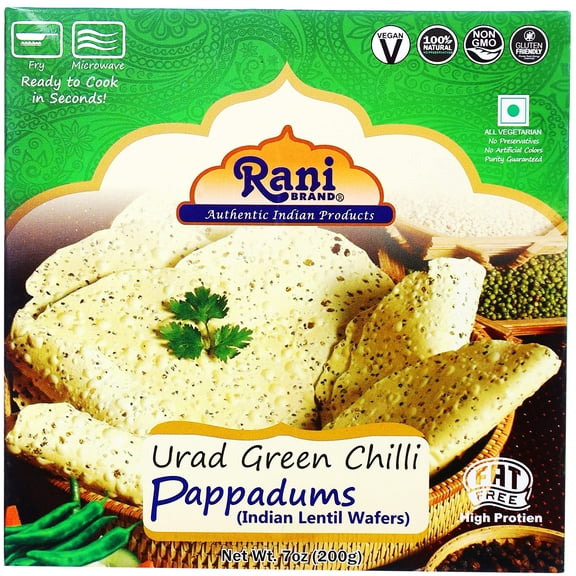 Rani Pappadums (Indian Lentil Wafer Snack) Green Chilli Papad 7oz (200g) Approximately 15pc, 7 inches ~ All Natural | Gluten Friendly | NON-GMO | Vegan | Indian Origin
