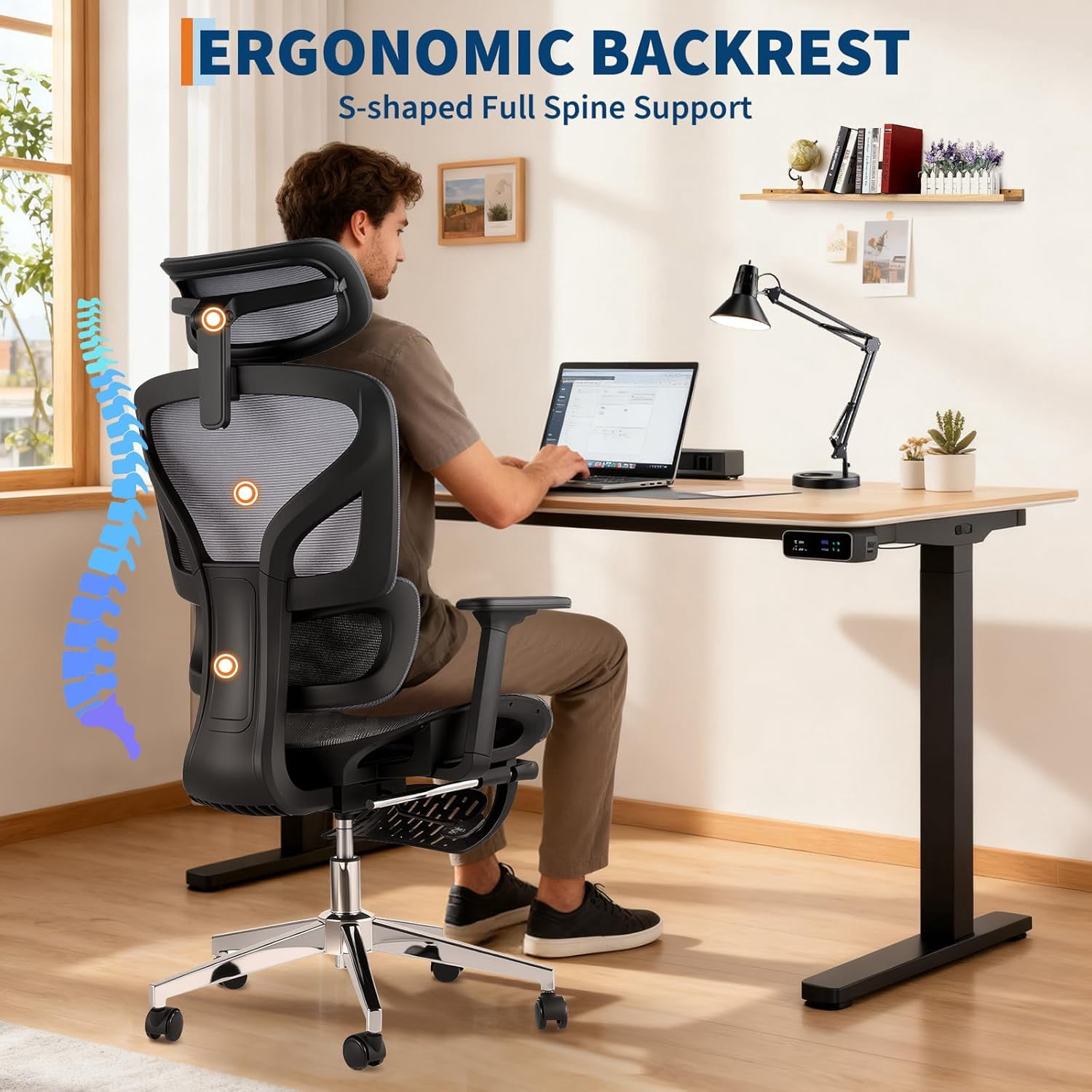 Ergonomic Mesh Office Chair with Footrest, Adjustable Armrests, Dynamic Lumbar Support, Recline & Tilt Function, High Back Design, Rolling Caster Computer Chair for Home Office, Gray