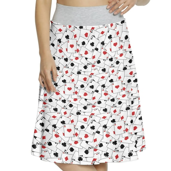 Women's Poker Pile of Playing Cards Aces A-line Printed Skirt Casual Wear, XL, Red Black White, by Ambesonne