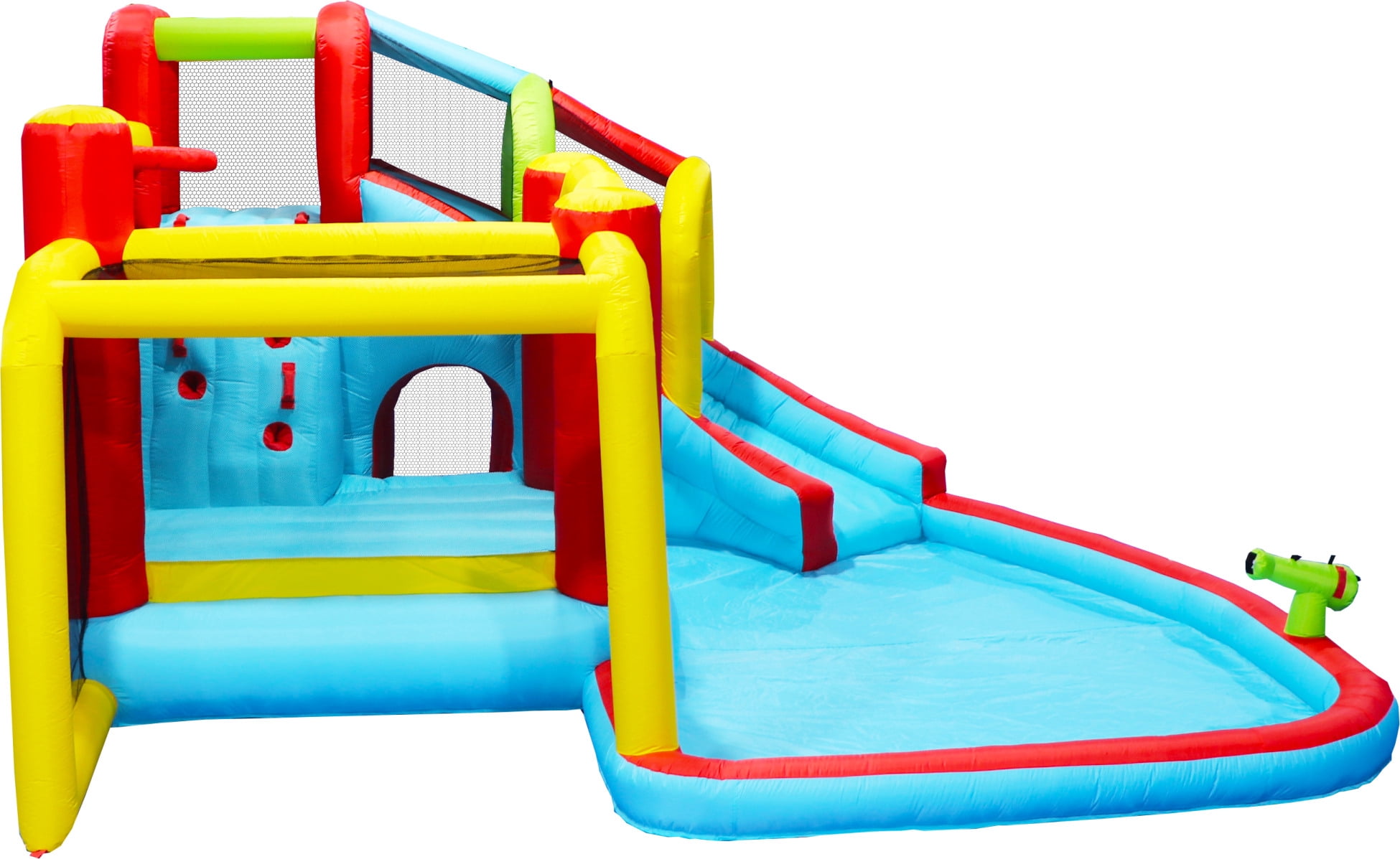 7 in 1 Inflatable Slide Water Park Bouncing House, Outdoor Soccer Garden Bouncer with Splash Pool & Climbing Wall & Basketball & Football, Maximum Weight Capacity is 400lbs