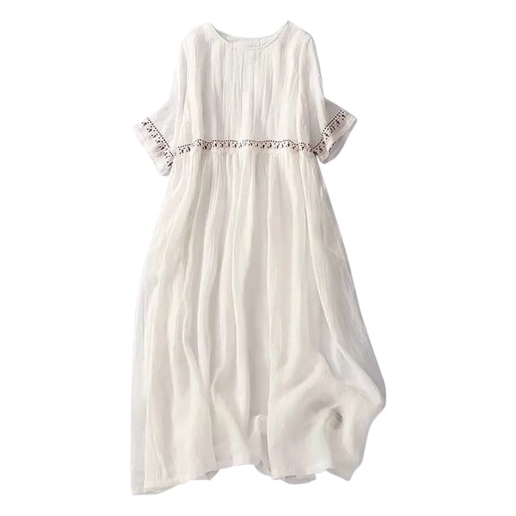 Qiopertar Linen Embroidered Dress for Women Casual Loose Fit Round Neck Short Sleeve Solid Color Summer Beach Vacation Boho Flowy Maxi Dress, White 3XL