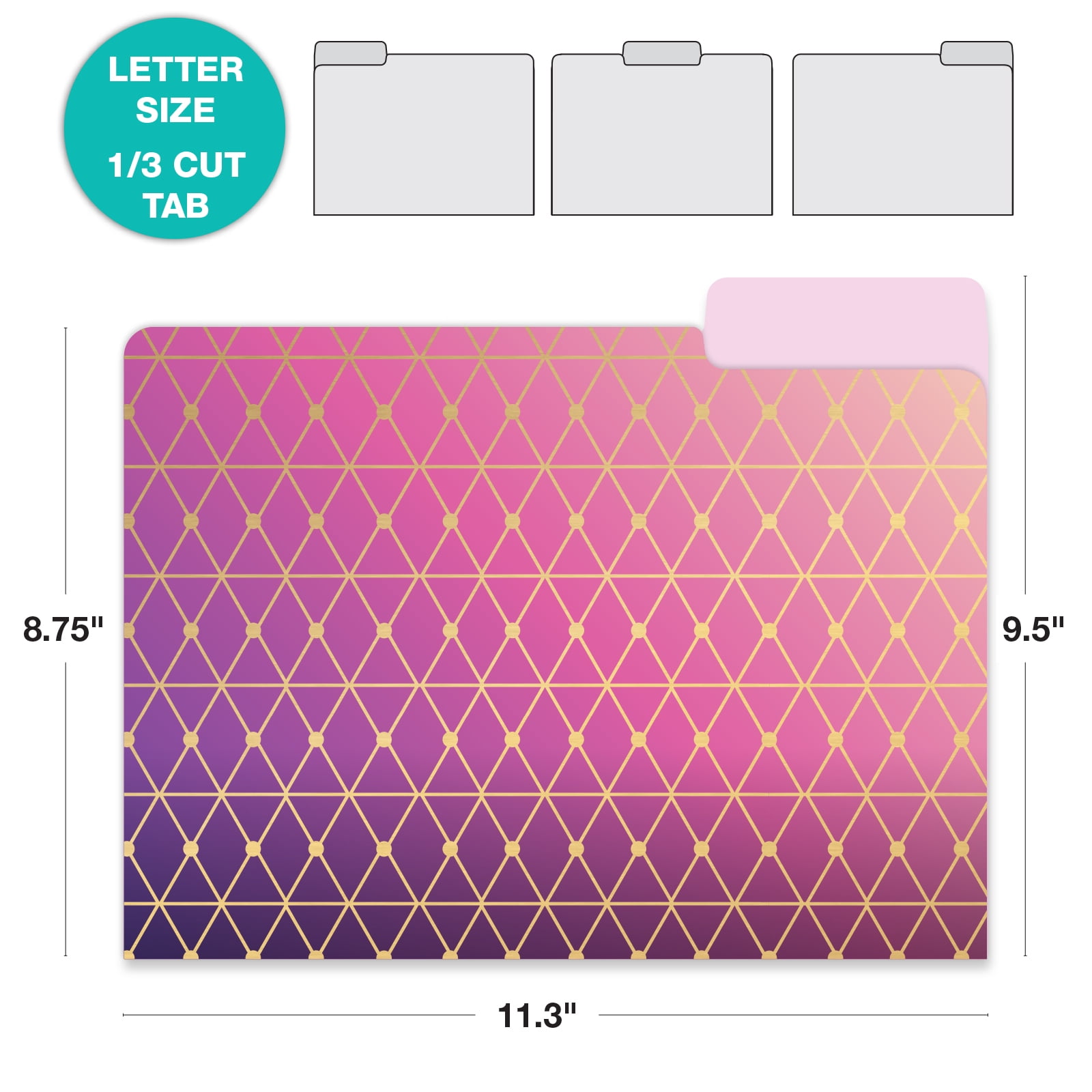 Global Printed Products Deluxe Designer Printed File Folders, 1/3 Cut Tab, Assorted Positions, Letter Size, 24/pk (Geometric Foil)