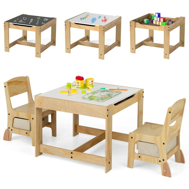 Gymax 3-In-1 Kids Table & Chairs Set w/Reversible Whiteboard/Chalkboard Top Hidden Storage Natural
