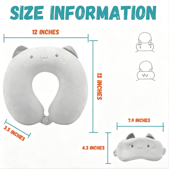 XIBUFE Kids Neck Pillow for Travel with Sleep Eye Mask,Cute Travel Neck Pillow,Memory Foam Flight Sleeping Headrest Pillow for Boys&Girls,Airplane,Train,Car,Home Use-Grey Cat
