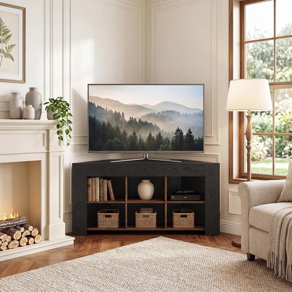 Finmind 59" Corner TV Stand for TVs up to 65", Entertainment Center with 6 Storage Cubes, Black & Walnut