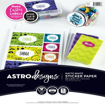 Astrodesigns Sticker Paper, 8.5" x 11", 24 lb., Matte Finish, White, 15 Sheets