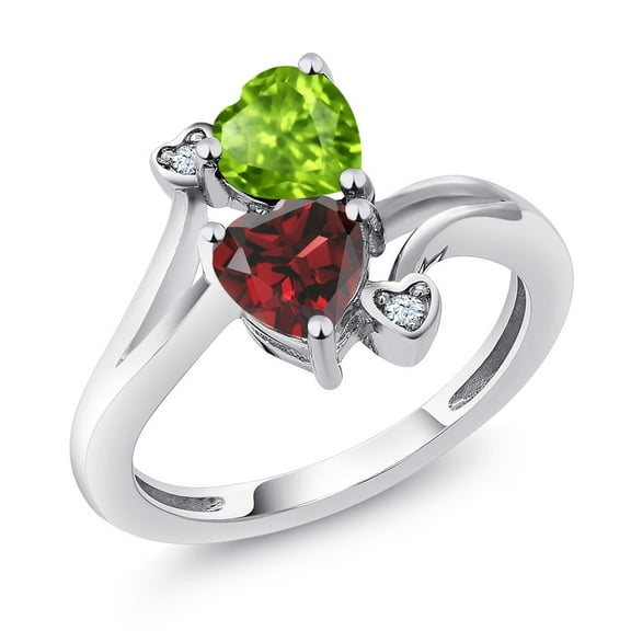 Gem Stone King 1.76 Cttw Green Peridot and Red Garnet Ring for Women | 925 Sterling Silver | Heart Shape 6MM | Gemstone Birthstone | Heart Ring for Women | Available in Size 5, 6, 7, 8, 9