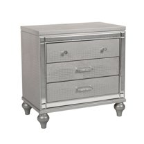 3 Drawer Wooden Nightstand with Mirror Accents and Faux Crystal Pulls, Gray