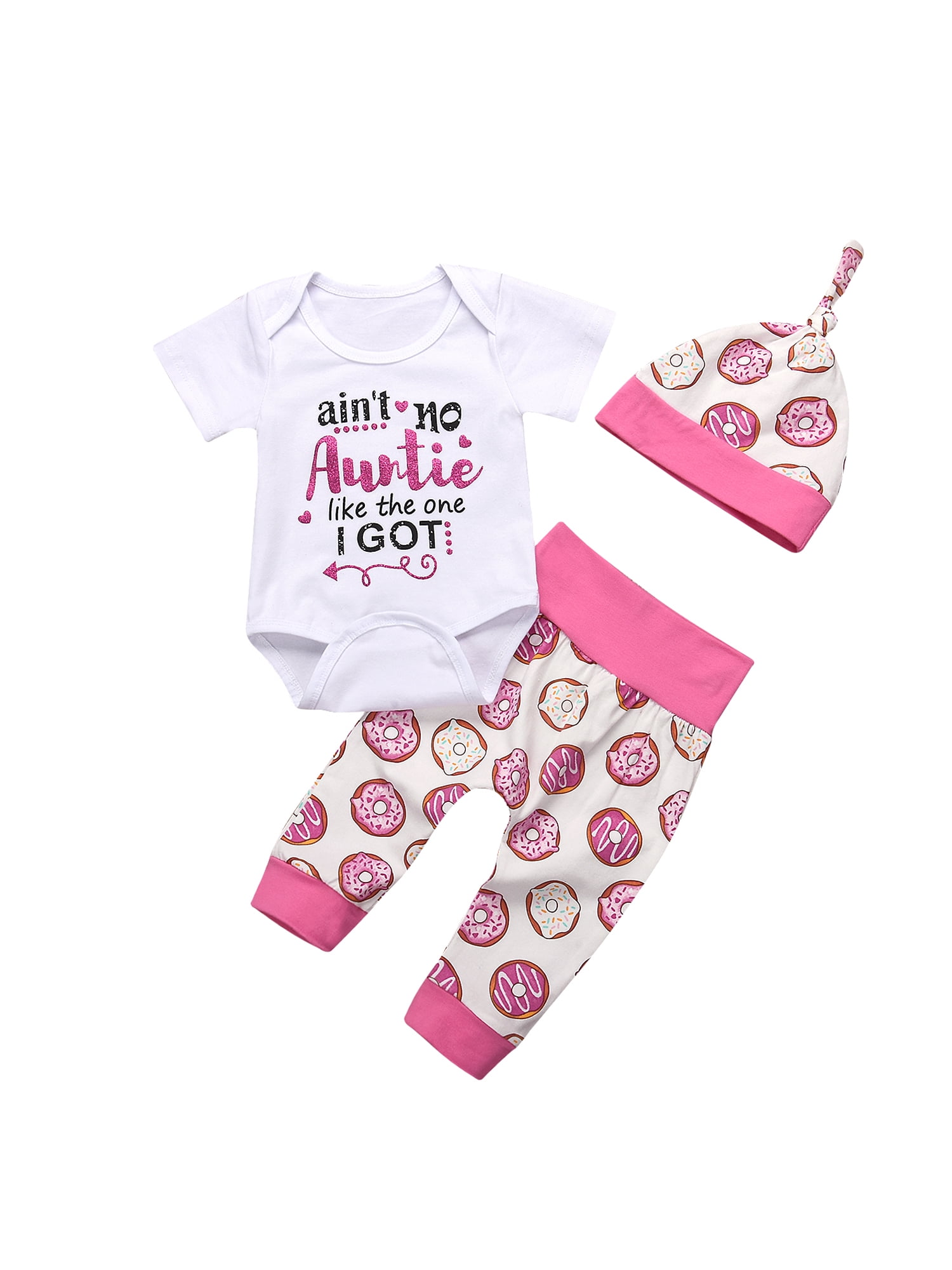 Hat+Headband 4 Pcs Newborn Baby Girls Clothes Miracles Letter Romper Outfit Pants Set