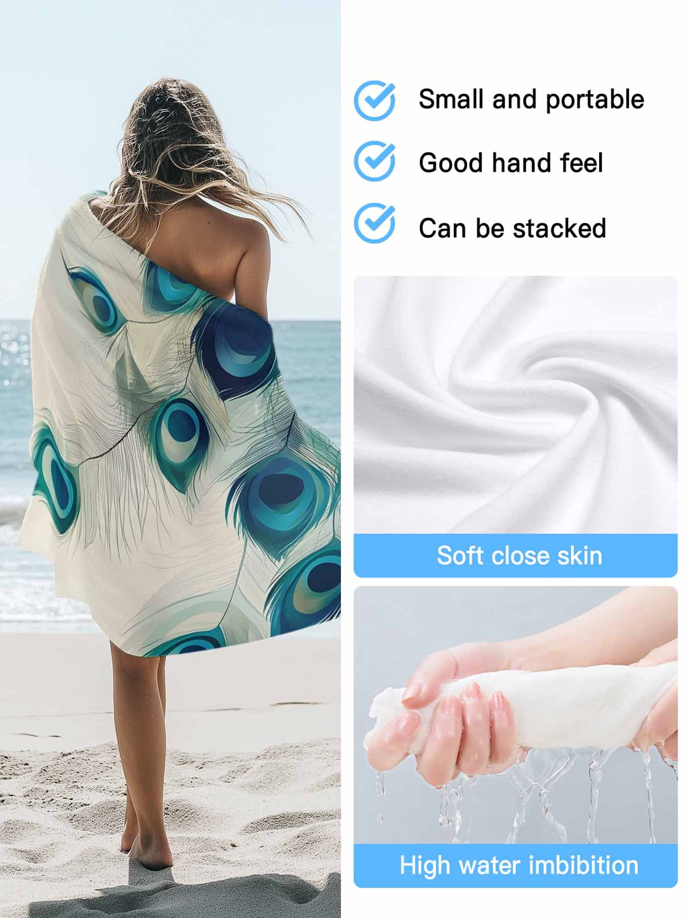 Teal Turquoise Peacock Print Beach Towels Blanket Soft & Absorbent Quick Dry Microfiber Cream Color Pool Towels for Swimming ,Yoga, Sports, Gym, Camping,Large 30X60in,