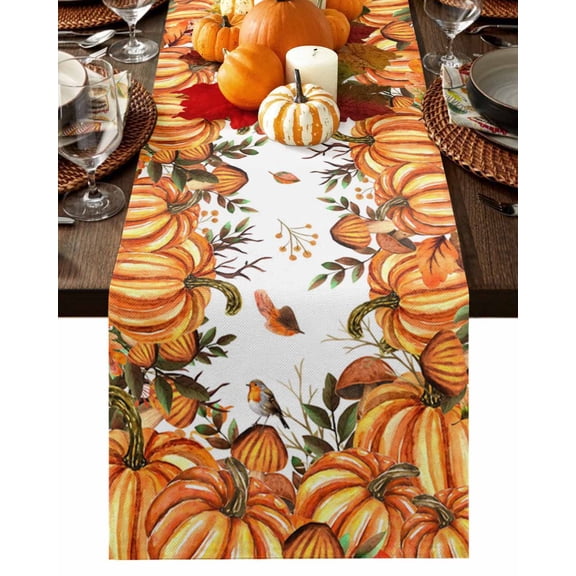 Fall Table Runner Thanksgiving Pumpkin Mushroom Table Runners Farm Bird Orange Maple Leaves Cotton Linen Dresser Scarf Kitchen Dining Table Decor for Fall Holiday Party Decor 13x36 Inch