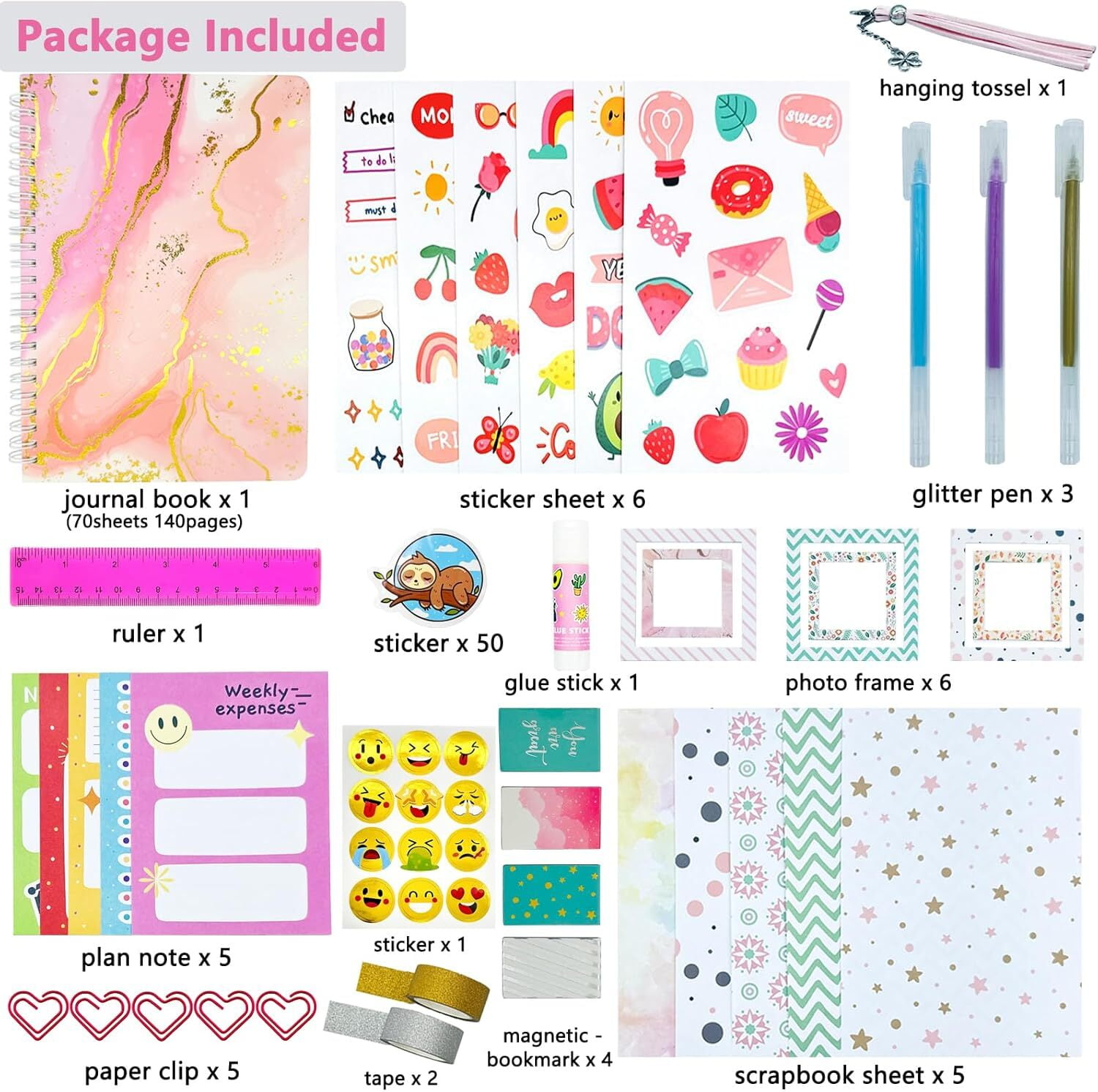 LQQBOX DIY Journal Kit, Journal Set for Teenage Girls and Scrapbook & Diary Supplies Set, Journaling Art Crafts Kit Teen Girl Birthday Gifts Ideas for 8-14 Years and Up - Pink