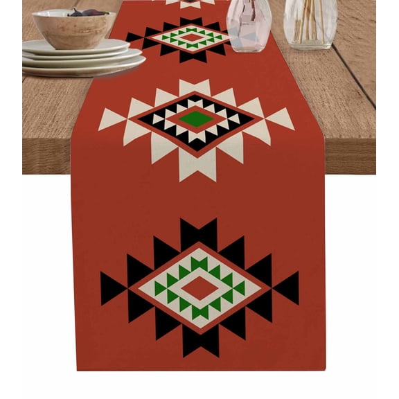 Boanket Red Black Green Boho Table Runner - 60 Inch Long, Kitchen Dining Table Runner Dresser Scarves, Farmhouse Vintage Abstract Geometric Farmhouse Decor for Coffee Tables Wedding Party Banquet