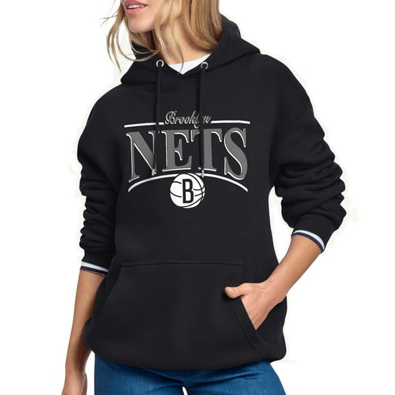 Women's Starter Black Brooklyn Nets Arch Stripe Fleece Hoodie