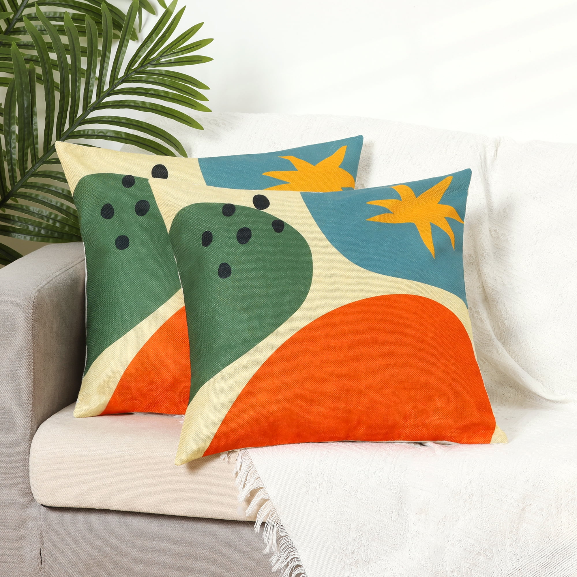 Unique Bargains Linen Printed Contemporary Decorative Throw Pillow Cover (2 Count) Orange-3 18" x 18"