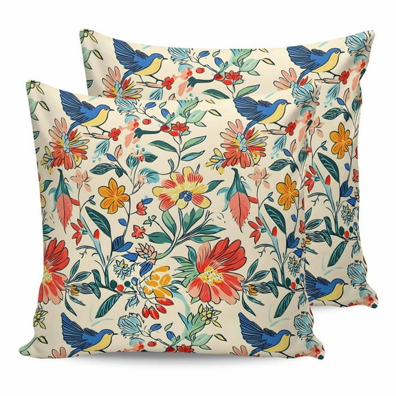 Outdoor Pillow Covers Pack of 2, Watercolor Flower Blue Bird on Retro Waterproof Throw Pillowcase Cushion Cases, Boho Floral Leaves Decorative Pillow Cover for Couch Sofa Home Bed Patio