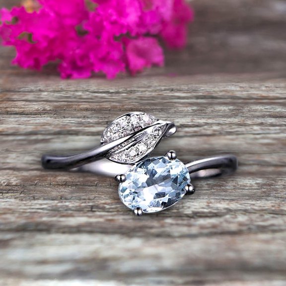 Aquamarine Engagement Ring Unique Leaf and Oval Shaped Combination 1.25 Carat 10k White Gold Anniversary Gift