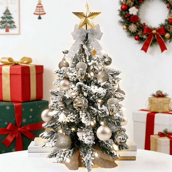SDJPOI 22in Pre-Lit Artificial Mini Christmas Tree, Snowy Flocked Small Tabletop Christmas Tree with LED Light, Exquisite Xmas Pine Tree for Home Desk Indoor Decor
