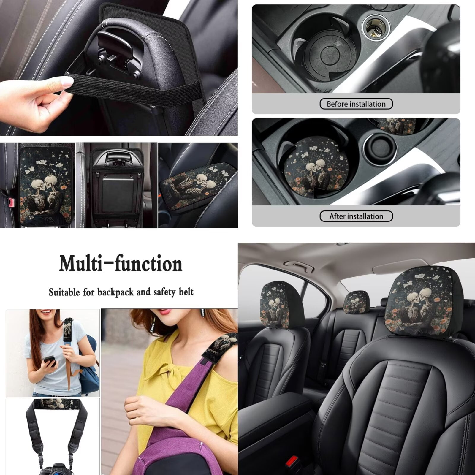 LedBack Skeleton Floral Printed Car Seat Covers Full Set for Women Men Non Slip Steering Wheel Covers Car Seat Belt Pads Armrest Pad Covers Car Mirror Accessories, 15 Pieces
