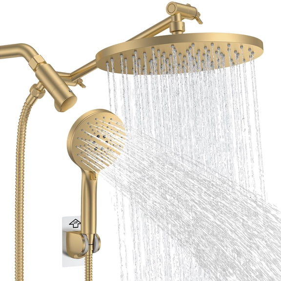 Rain Shower Head with 3-Mode Handheld Spray Combo, Dual Showerheads, All-Metal High-Pressure 10-Inch Rainfall Shower Head Set, Extension Arm with 3-Way Diverter, Brushed Gold