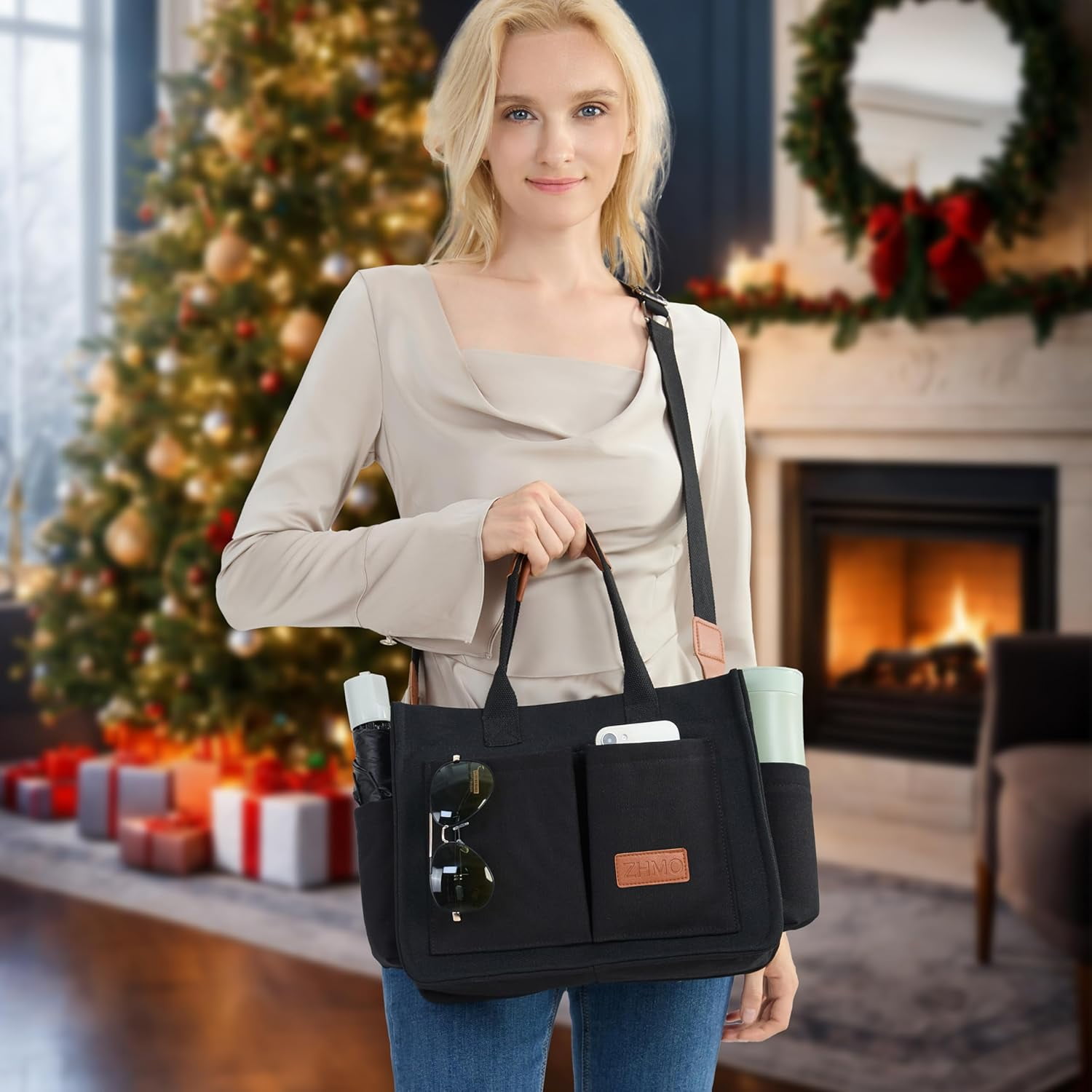 Large Canvas Tote Bag for Women With Pockets,Laptop Crossbody Purses Everything Everyday Bag Handbags for Work Beach