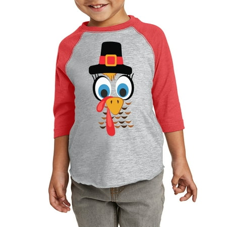 

Turkey Face Graphic Toddler Raglan - Happy Thanksgiving Day Tshirt for Kids - Christian Shirt Thanksgiving Holiday