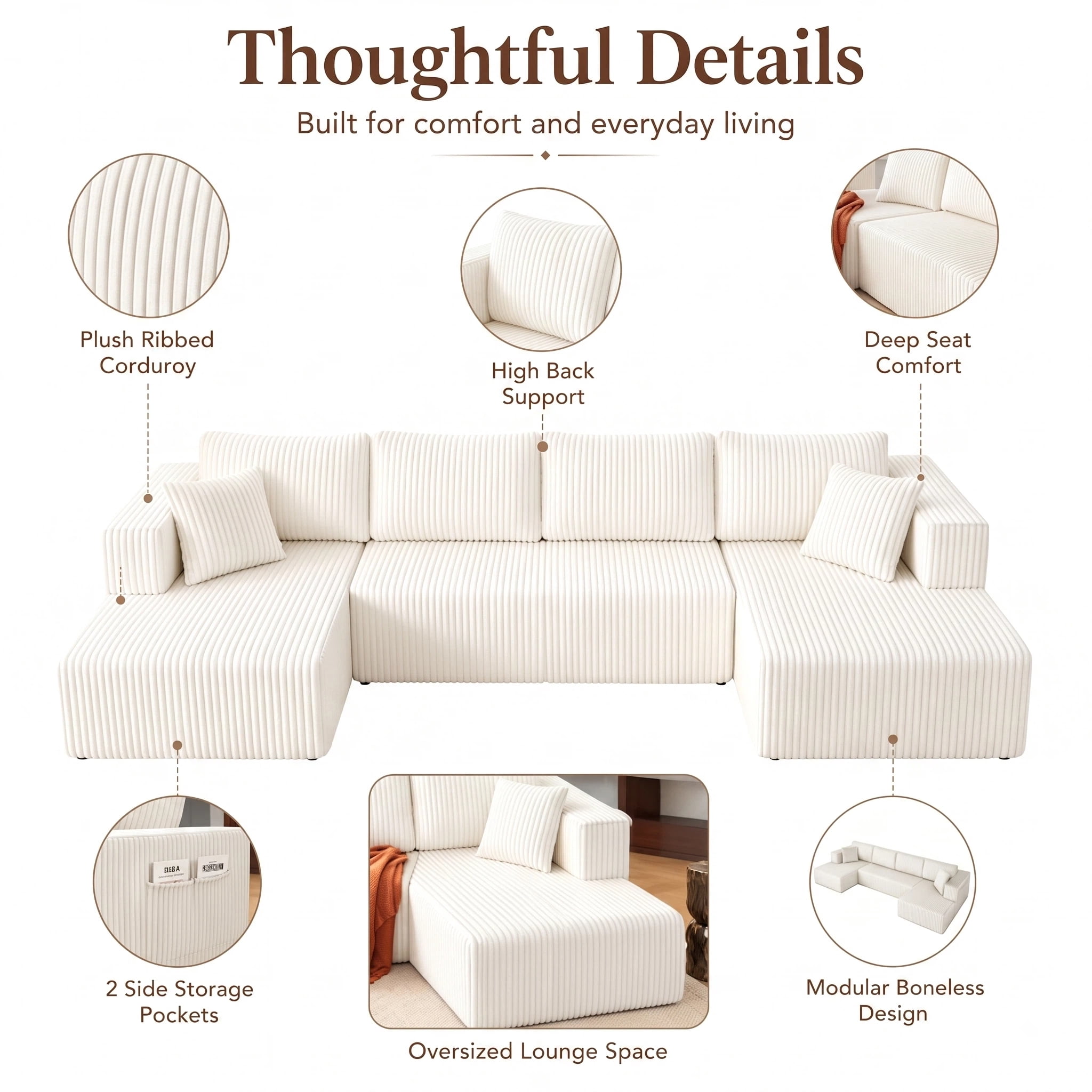 AISWORD 132" U Shaped Modular Sectional Sofa, Comfy Cloud Boneless Sofa with Chaise and Side Pockets, Memory Foam Sleeper Sofa for Living Room, Beige