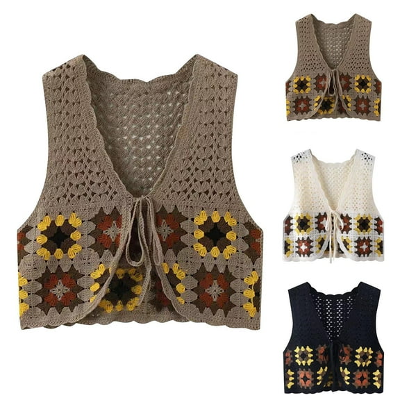 ZZwxWA Crochet Floral Sweater Vest for Women Casual V Neck Crop Hollow Out Sleeveless Tie Front Knit Cardigan Vest Womens Jacket