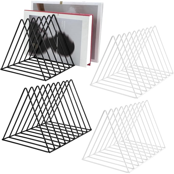 4PC Magazine Racks, 9 Slot Vinyl Record Holder Storage, Book Album Display Rack, Metal Triangle Desktop File Newspaper Sorter, Decorations for Home, Office(2 Black 2 White)