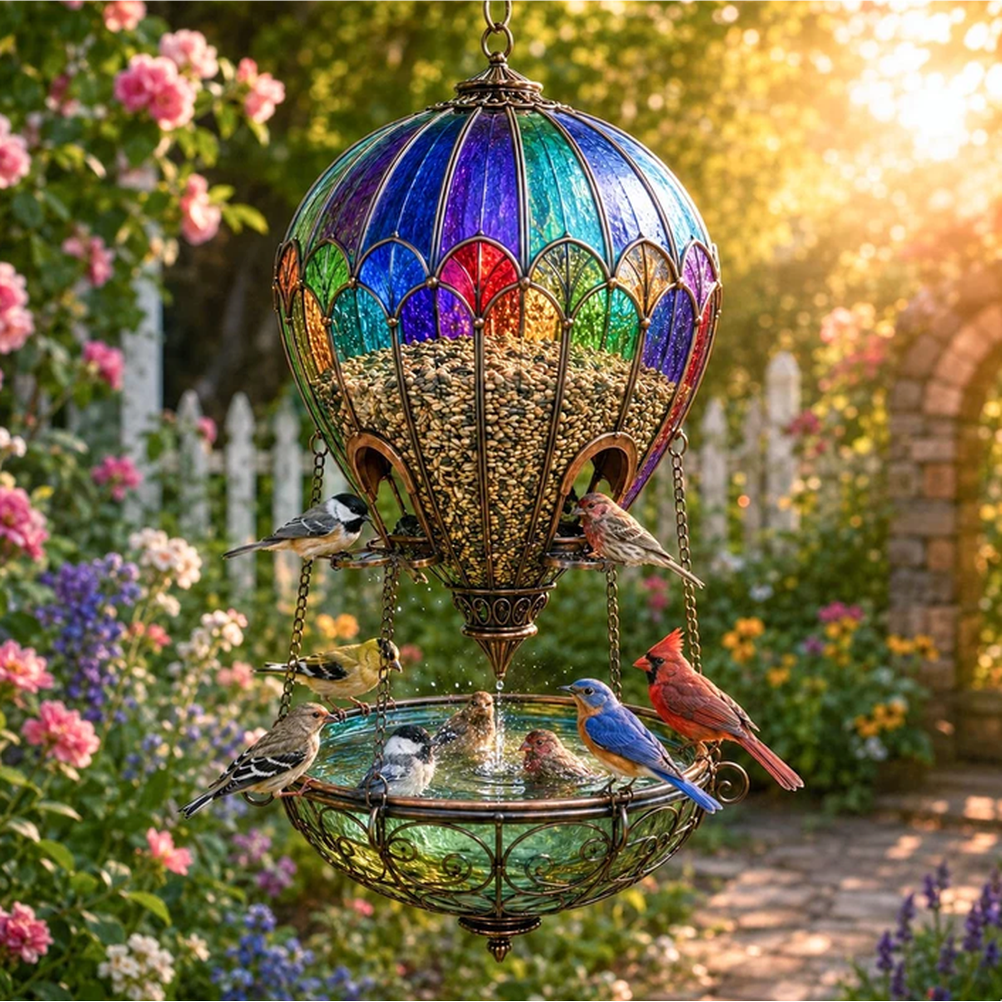Hot Air Balloon Bird Feeder Fountain, Hot‑Air‑Balloon‑Shaped Wildlife Accessory, Ideal for Yard Highlight, Delights Bird‑Lovers With Active Wild Bird Visits in Outdoor Scenes