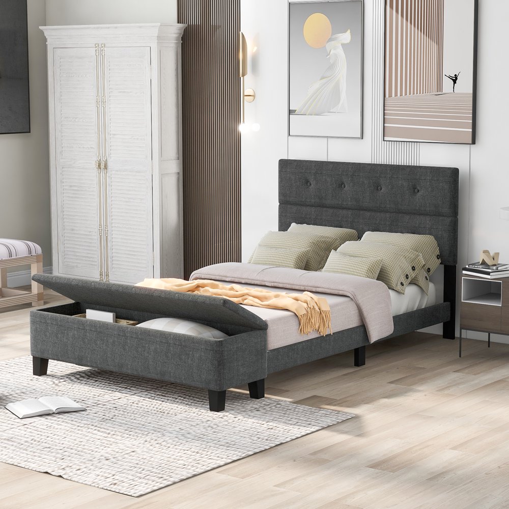 EUROCO Full Upholstered Platform Bed with Storage Ottoman & Button