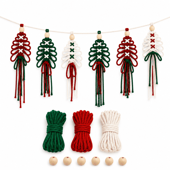 Wondiair 6 pcs DIY Christmas Tree Macrame Ornament Kit – 10.64×3.54 in, All Materials Included, Beginner Friendly, Boho Handmade Holiday Wall, Tree & Home Hanging Decor