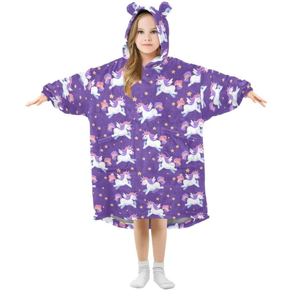 Wearable Blanket Hoodie for Kids Unicorn Pentagram Purple Flannel Hooded Blanket with Pockets and Sleeves Suitable for Boys and Girls