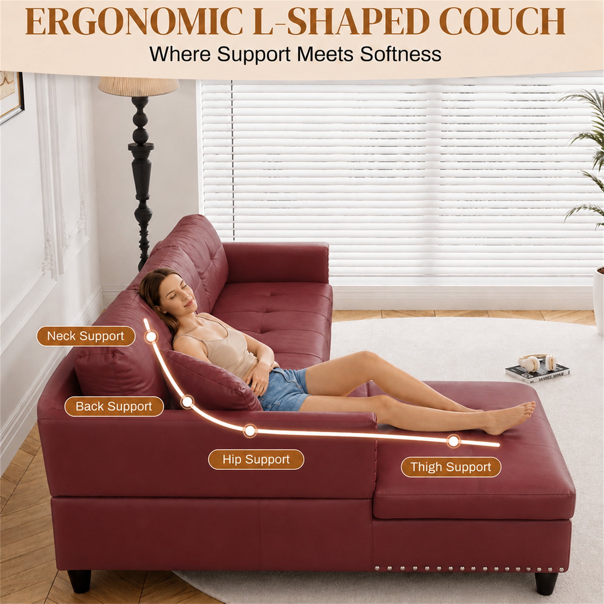 Aukfa 98" L Shaped Sectional Couch with Cup Holder Console, Tufted Back&Nailhead Trim, Oversized Right Chaise Leather Sofa for Living Room, Red