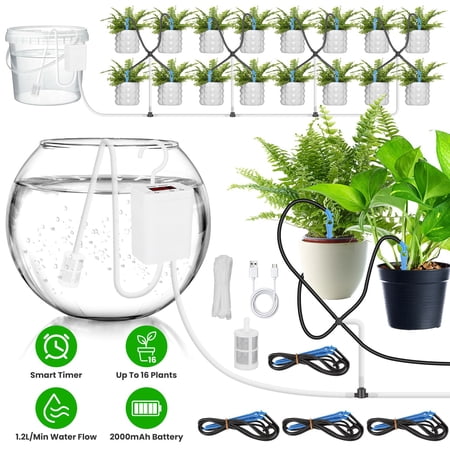 Imountek Automatic Plant Watering System Rechargeable Drip Irrigation Kit with LCD Timer 16 Drip Arrows for Indoor Houseplants Vacation Use