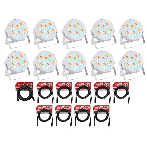 (10) Rockville RockPAR50 WHT LED RGB Par Can DJ/Club DMX Wash Lights Cables