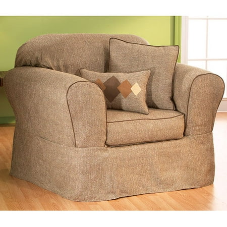 Home Trends Basic Tweed Chair Slipcover with Separate Seat Cushion Cover, Chocolate