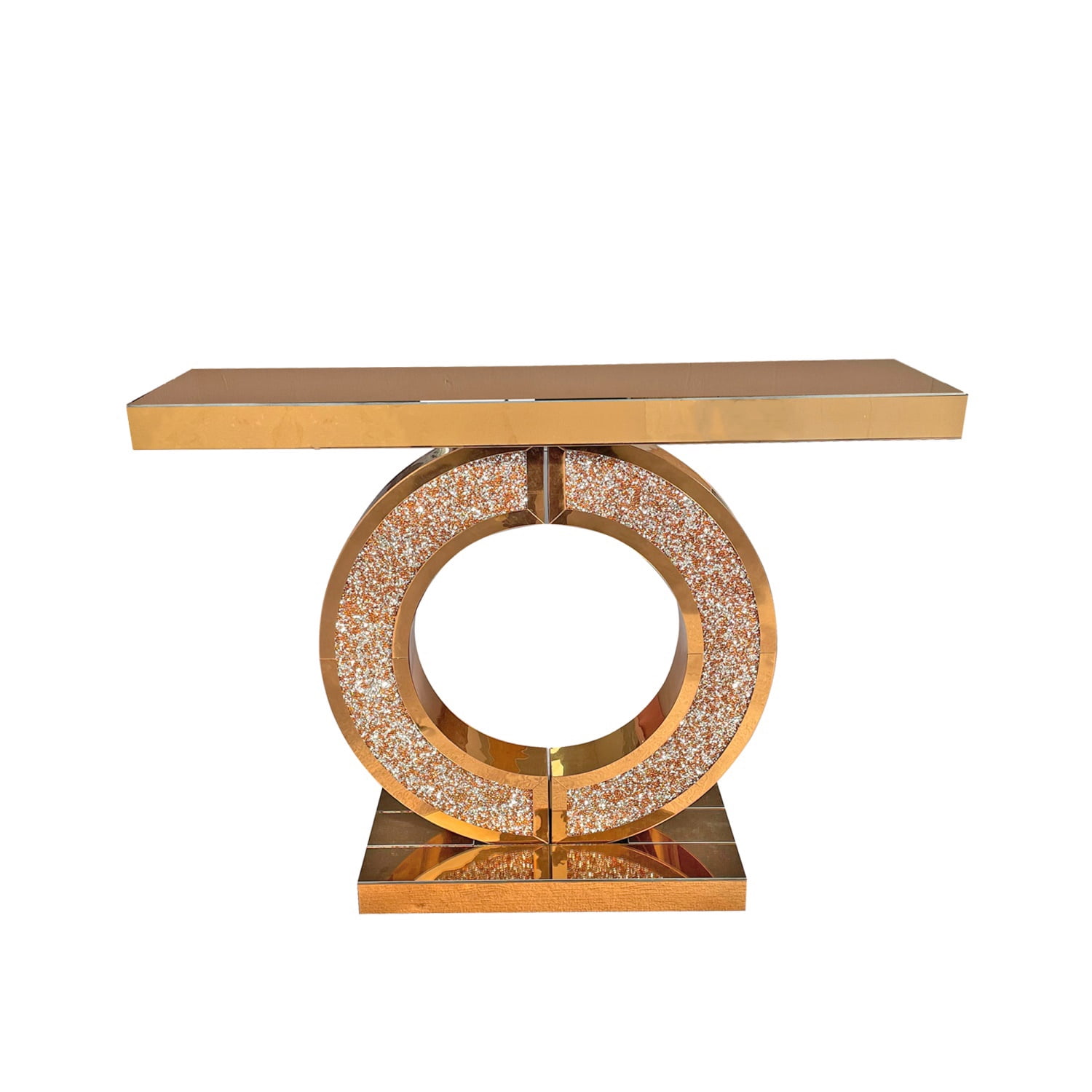 Hommoo Modern O-Shaped Mirrored Glass Console Table with Crushed diamond Inlay, Handicrafts Mirror Table for Hallway Entry, Living Room, Brown