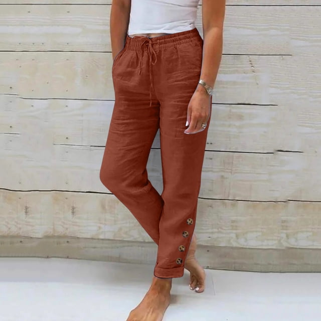 WILLBEST Pantalones Casuales para Mujer: Pantalones Holgados de Lino de Color Liso con Cintura Elástica para Un Estilo Sencillo y Cómodo. Mediana